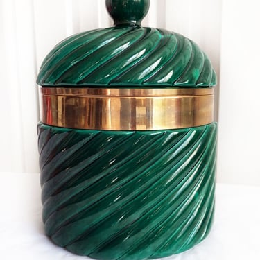 1970s TOMMASO BARBI Green Ceramic Ice Bucket ITALY Vintage Mid Century 1960s Barware Jar Container Art 