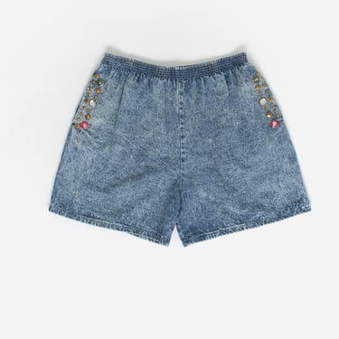 Vintage 80s acid wash denim shorts with gem studded pockets - Large 