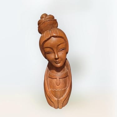 Vintage 1960s Carved Monkey Pod Wood Girl Statue or Bust 