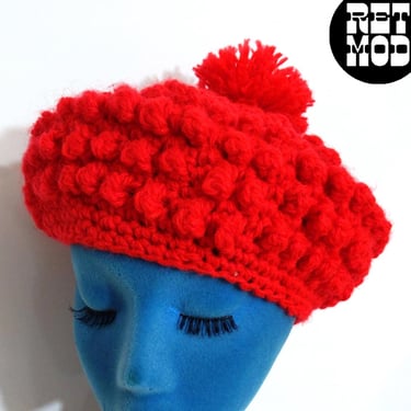 Bright Vintage 60s 70s Red Nubby Crochet Beret Winter Hat 