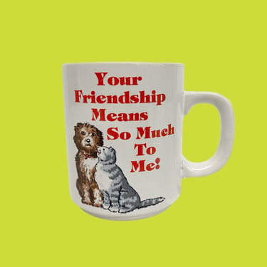 Vintage Coffee Mug Retro 1980s Your Friendship Means So Much To Me + Dog + Cat + MSR Imports + Japan + White Ceramic + Kitchen + Friend Gift 