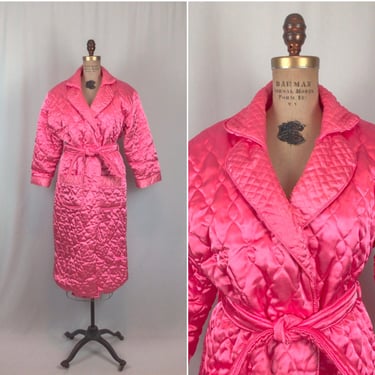 Vintage 60s Robe| Vintage bright pink satin quilted bathrobe | 1960s lounge house coat 