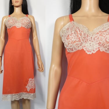 Vintage 60s Neon Coral Slip Dress Made In USA Size 34 M 