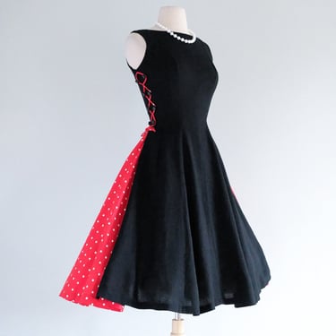 Vintage 1950's Black & Red Lace Up Peek-a-boo Polka Dot Dress / XS