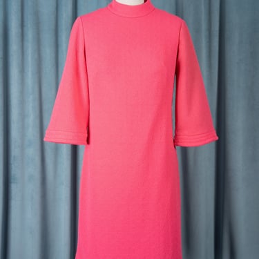 Vintage 1960s Mod Bubblegum Pink Textured Shift Dress with Bell Sleeves 
