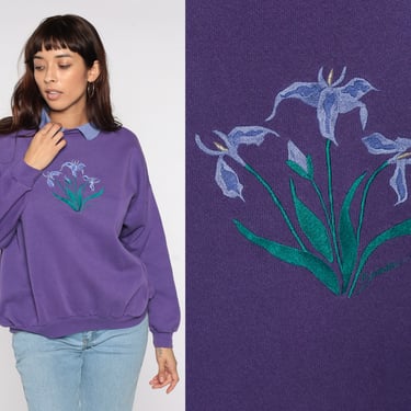 80s Iris Sweatshirt Purple Embroidered Floral Shirt Collared Grandma Sweater 1980s Graphic Pullover Slouch 90s Vintage Flower Extra Large XL 