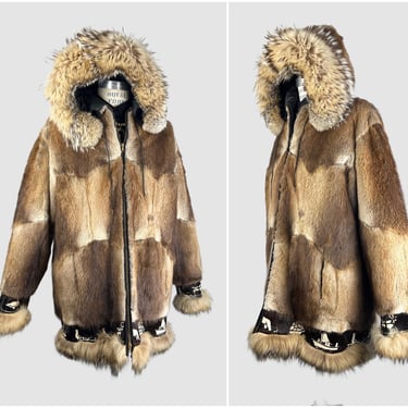 THE BIG CHILL Vintage 70s Fur Parka Jacket with Hoody | 1970s Arctic Inuit, Alaskan Eskimo Coat | Elk Coyote Beaver Cowhide | Mens Med Large 