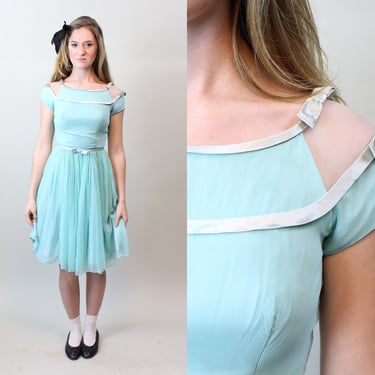 1950s SILK CHIFFON aqua blue dress xxs | new spring 