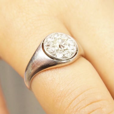 Antique 14K White Gold Diamond Cluster Ring, .9375 TCW, Round Cut Diamonds, Tapered Band, Men's Diamond Signet Ring, Size 9 3/4 US 