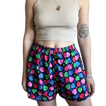 Vintage 90s Womens Rainbow Hearts 100% Silk Pajama Boxer Shorts Sz L 