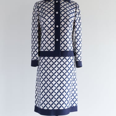 Chic 1960's Navy Blue Mod Brocade Dress Set / Medium