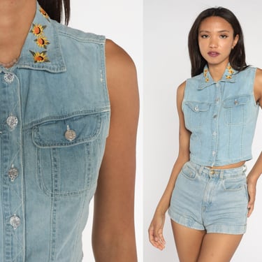 Denim Crop Top Floral Embroidered Vest Top 90s Jean Shirt Sunflower Sleeveless Jean Jacket Blue Top 1990s Grunge Vintage Button Up Small s 