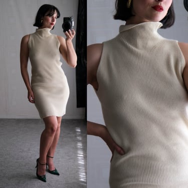 Vintage 80s CASCADE BLANCHE Soft Cream Cashmere Knit Mock Neck Sleeveless Sweater Dress | 100% Cashmere | 1980s 1990s Designer Sweater Dress 