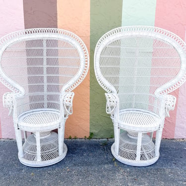 Pair of White Rattan Peacock Chairs