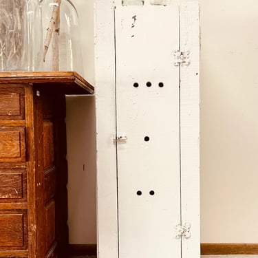Primitive White Painted Chippy Cabinet | Tall Narrow Wood Pie Safe | Storage | Chimney Cupboard | Cast Iron Hinges | Modern Farmhouse 