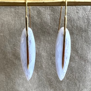 Rachel Atherley | Large Feather Earrings in 18k + Lace Agate