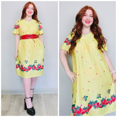 1990s Anthony Richards Strawberry Print Lounge Dress / 90s / Yellow and Red Fruit Print Poly House Dress / Size Large 