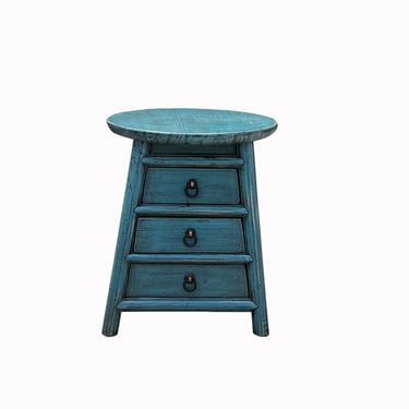 Chinese Distressed Light Blue Round Top Drawers Wood Stool Table ws3052E 