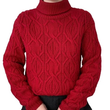 Vintage 90s Lauren Ralph Lauren Red 100% Wool Cable Knit Turtleneck Sweater Sz M 