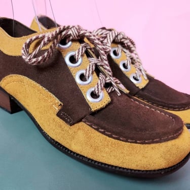 Deadstock 60s mod shoes. Handmade lace-up loafers. Iconic mustard & brown suede. (W7) 2 available. 