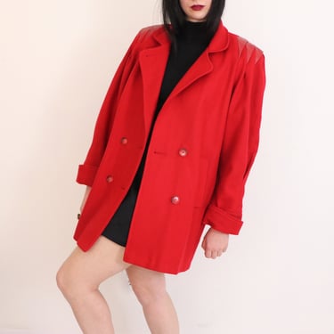 1980's Oversized Red Blazer/ Vintage Bright Red Coat/ Puff Sleeve Double Breasted Blazer/ Winter Blazer/ Unisex Wool Coat/ 