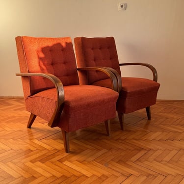 1 of 2 Vintage Orange Armchairs / Mid Century Lounge Armchairs / Jindrich Halabala Style / Made in Yugoslavia / 1960s 