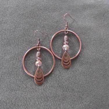 Modern industrial crystal and copper hoop earrings 
