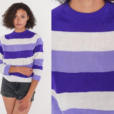 Striped Sweater Top 70s Knit Shirt Purple Lavender White Raglan Sleeve Seventies Blouse Retro Basic Vintage 1970s Acrylic Small XS S 