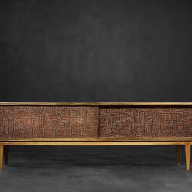 Mid-Century Scandinavian Modern Birch Sideboard with Copper Relief on the Front, 1960s 