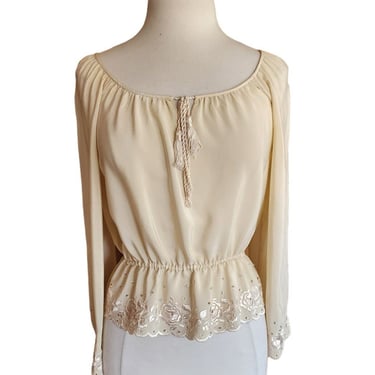 Vintage 70s Cream Silk Blouse Embroidered Eyelet Lace Peplum 