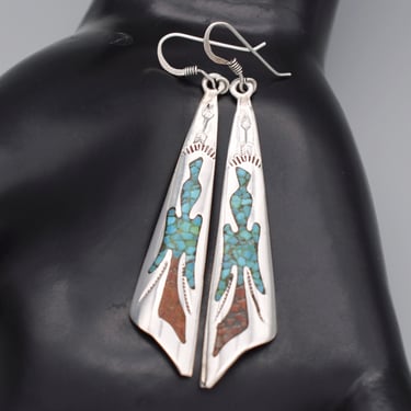 70's sterling turquoise coral thunderbird & arrow dangles, long stone inlay 925 silver Southwestern curved shield earrings 