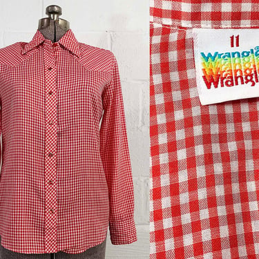 Vintage Wrangler Western Shirt Cowboy Rodeo Gingham Checked Pearl Snap Plaid Cowgirl West USA Long Sleeve 1970s Medium Large 