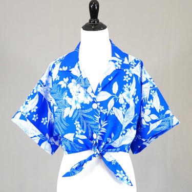 80s Tie Front Shirt - Bold Floral Blouse - Blue and White Hawaiian Tropical Flowers - Light Poly - Hilo Hattie Hawaii - Vintage 1980s - M L 