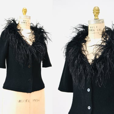 90s 00s Vintage Black Feather Sweater Cardigan Top with Boa Marabou Feathers // Y2k Club Kid Vintage Feather Fur top Black Clueless 