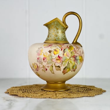 RARE Antique 1890s Doulton Burlsem Spanish Ware Footed Ewer, Hand Painted, pastel florals, gold gilt enamel painting, arabesque neck, gift 
