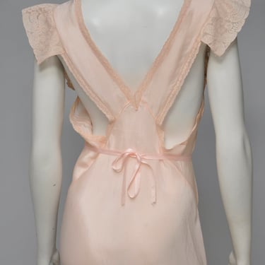 vintage 1930s peach silk nightgown dress deep V lace accents S/M 