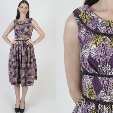Metal Side Zipper Dress, 50s Atomic Print, Purple Mid Century Fabric, Vintage Pin Up Sundress 
