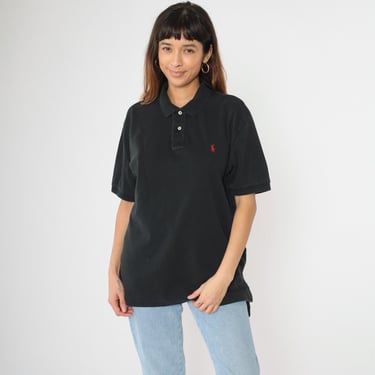 90s Ralph Lauren Polo Shirt Black Collared Shirt Quarter Button Up T-shirt Retro RLP Preppy Short Sleeve Top Cotton Vintage 1990s Large L 