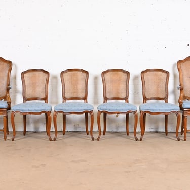 1960s Kindel Furniture French Louis XVI Carved Cherry Wood Cane Back Dining Chairs- Set of 6