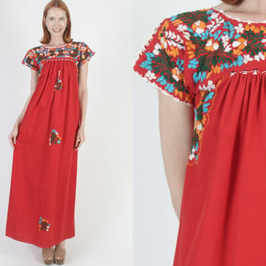 Traditional Red Oaxacan Dress Hand Rainbow Embroidered Ethnic Maxi Long Mexican Cover Up 