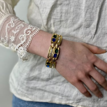 Vintage Gold Tone Blue and Green Jewel Chain Bracelet 