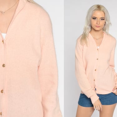 Baby Pink Cardigan 80s Button Up Cashmere Sweater Plain Knit Boho Grunge Slouchy Knitwear Cozy Retro Pastel Girly Vintage 1980s Medium Large 