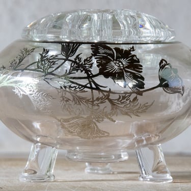 Glass Flower Frog in Glass Bowl with Sterling Silver Floral Overlay, Vintage Footed Bowl and Flower Frog 