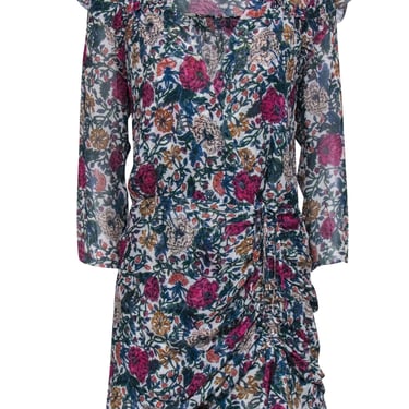 Veronica Beard - White w/ Green, Pink, & Blue Floral Print Ruched Bottom Dress Sz 10