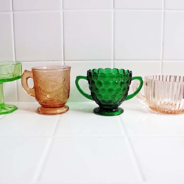 Collection of Mismatched Depression Glass Cups Glasses Bowls - Green Pink Ridged Textured Double Handle Coupe Footed Glass 