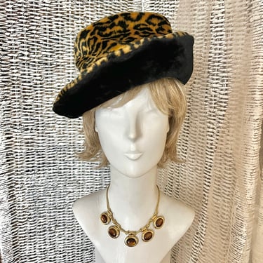 Glam Leopard Print Hat, Faux Fur, Slouch Style, Animal Print Cheetah, Betmar, Vintage 90s 