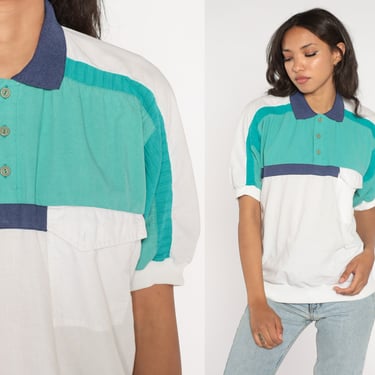 Striped Polo Shirt 80s 90s Color Block Collared Shirt Blue Striped Polo Shirt 80s 90s Color Block Collared Shirt Blue