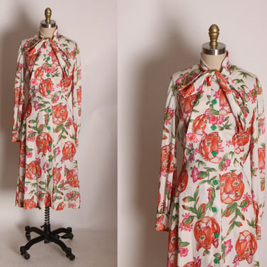 1970s Orange, Pink and Green Novelty Pussybow Collar Long Sleeve Parrot, Flower and Tiger Dress -M 