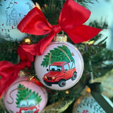 Hand Painted, Ceramic, Christmas Ornament, Red Jeep, Christmas Tree 