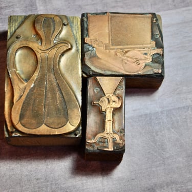 Authentic Letterpress Blocks LOT of 3 Copper On Wood Circa 1920s Collectible Antique Printers Blocks  Decor Display Usable Gift 